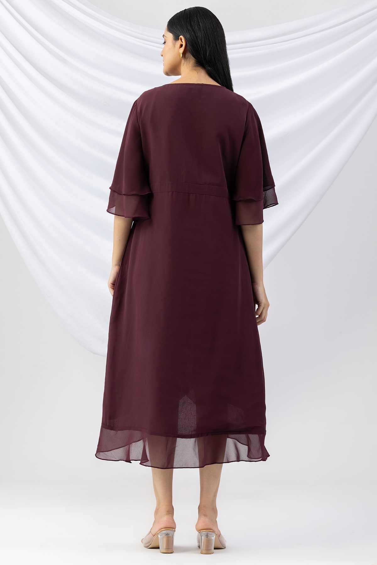 georgette dress for women wine embroidered v neck with flared sleeves