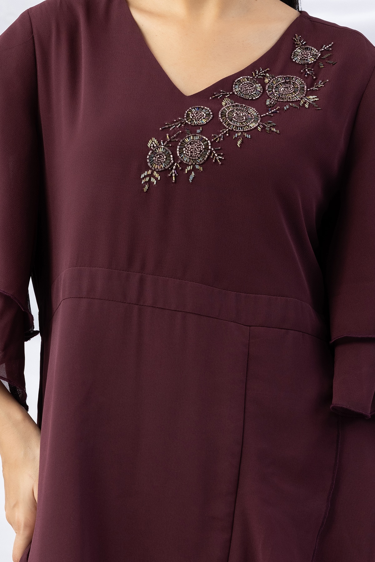 georgette dress for women wine embroidered v neck with flared sleeves
