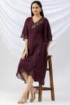 georgette dress for women wine embroidered v neck with flared sleeves
