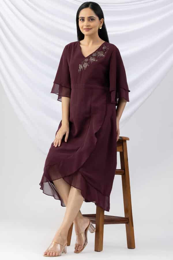 georgette dress for women wine embroidered v neck with flared sleeves