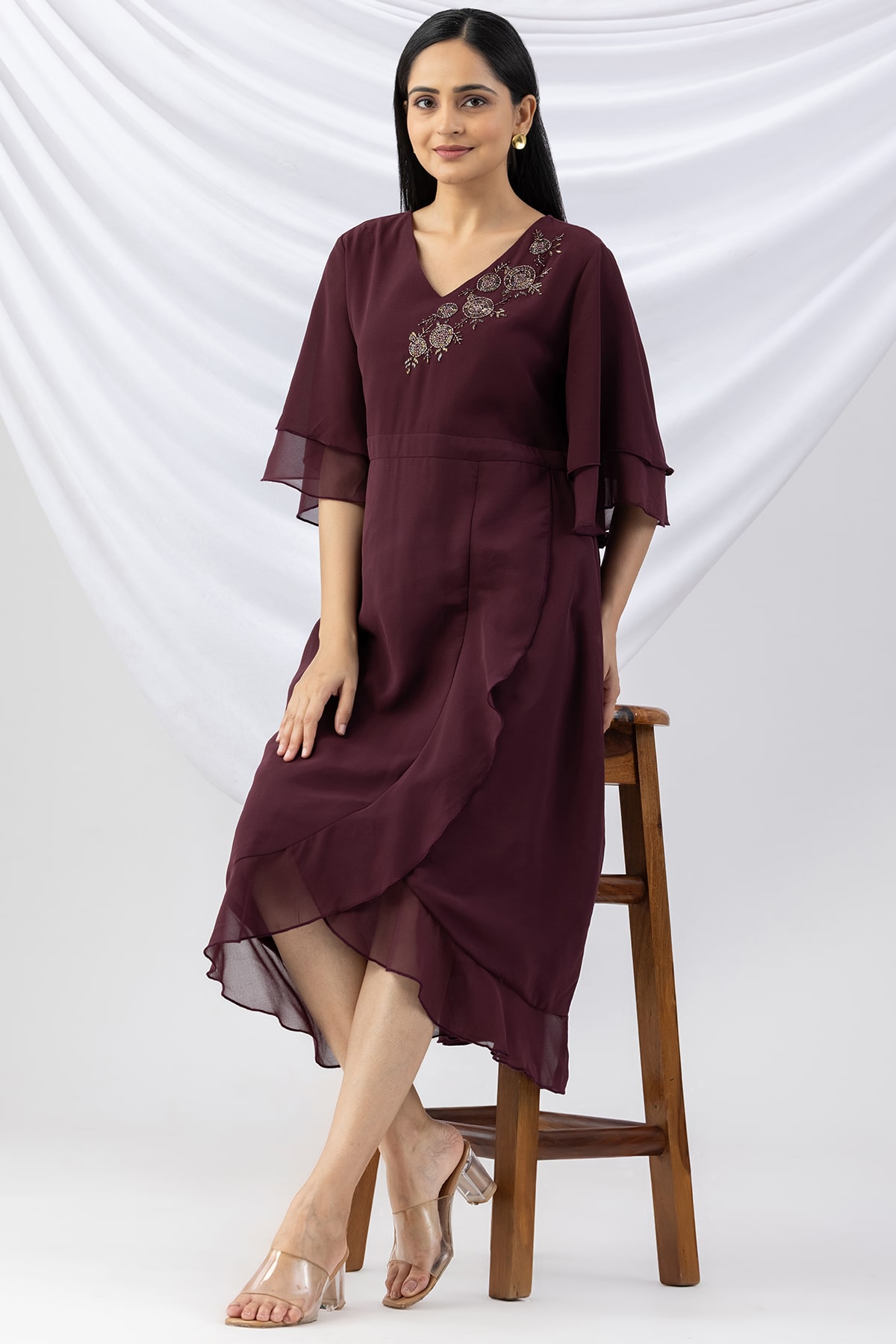 georgette dress for women wine embroidered v neck with flared sleeves