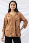 woman v neck top aztec gold embroidered crepe with 3/4 sleeves