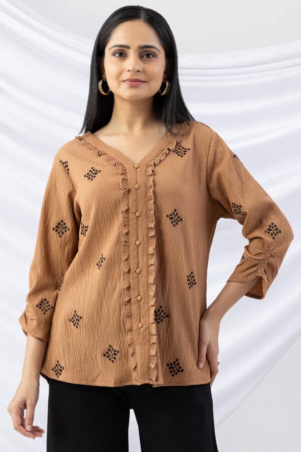 woman v neck top aztec gold embroidered crepe with 3/4 sleeves
