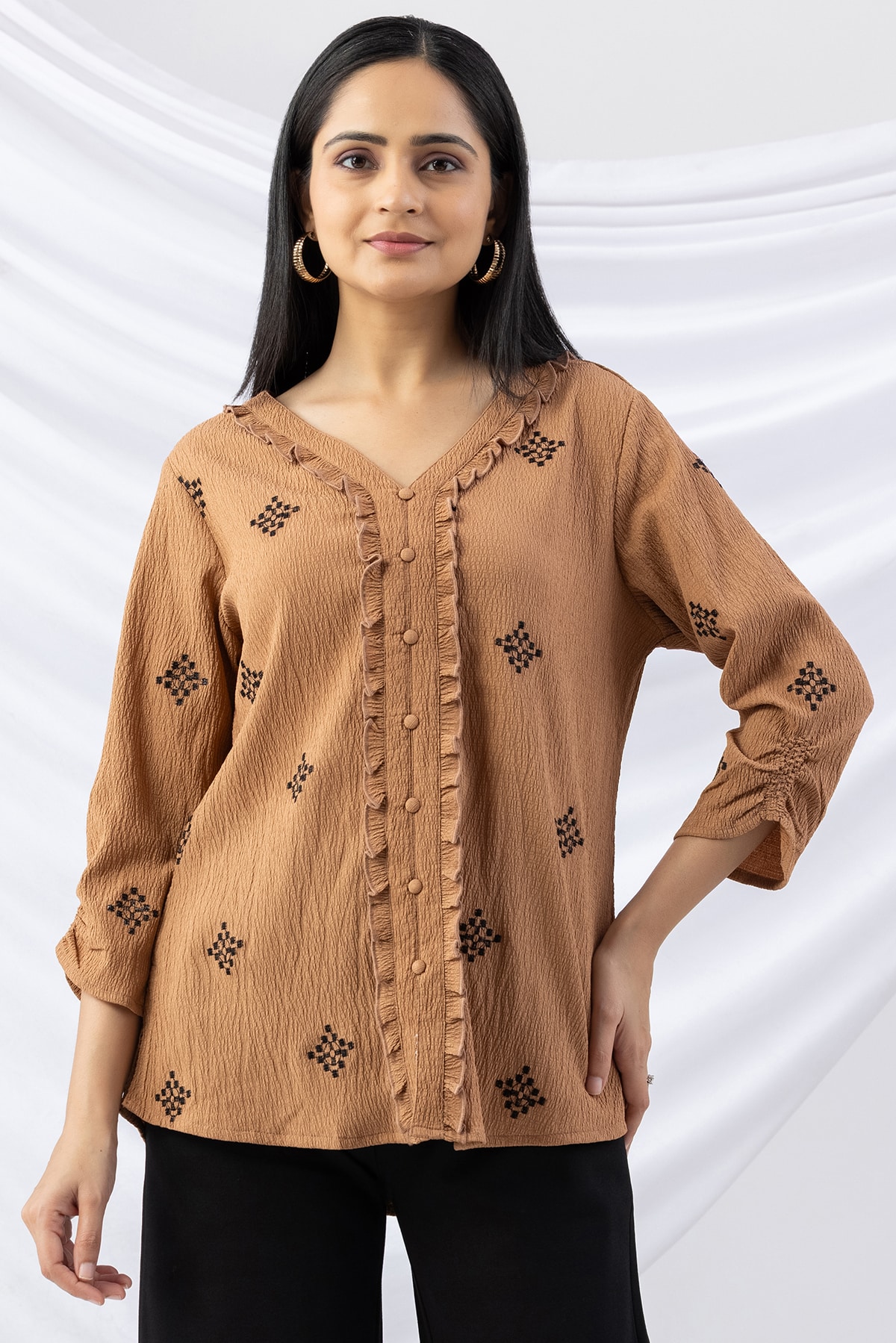 woman v neck top aztec gold embroidered crepe with 3/4 sleeves