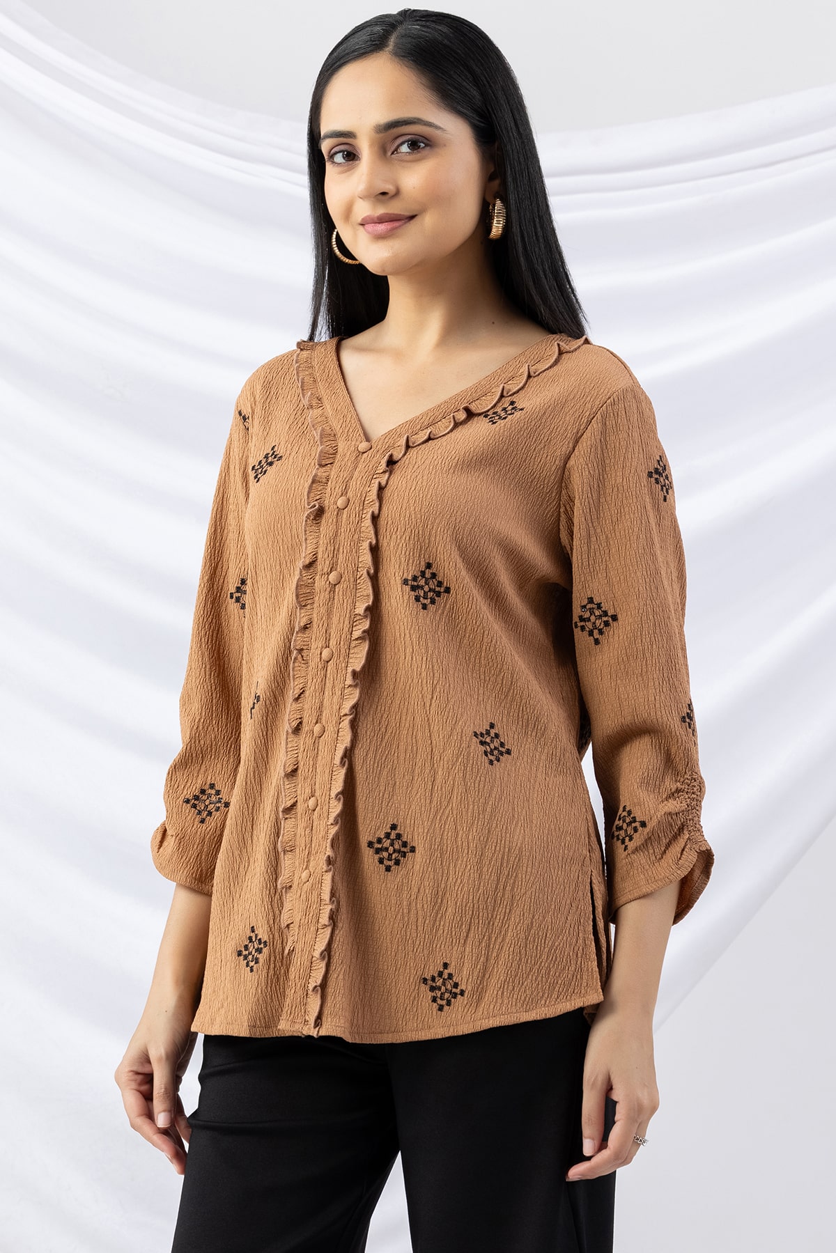 woman v neck top aztec gold embroidered crepe with 3/4 sleeves