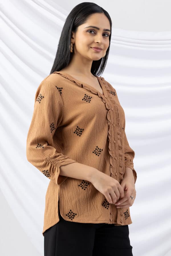 woman v neck top aztec gold embroidered crepe with 3/4 sleeves