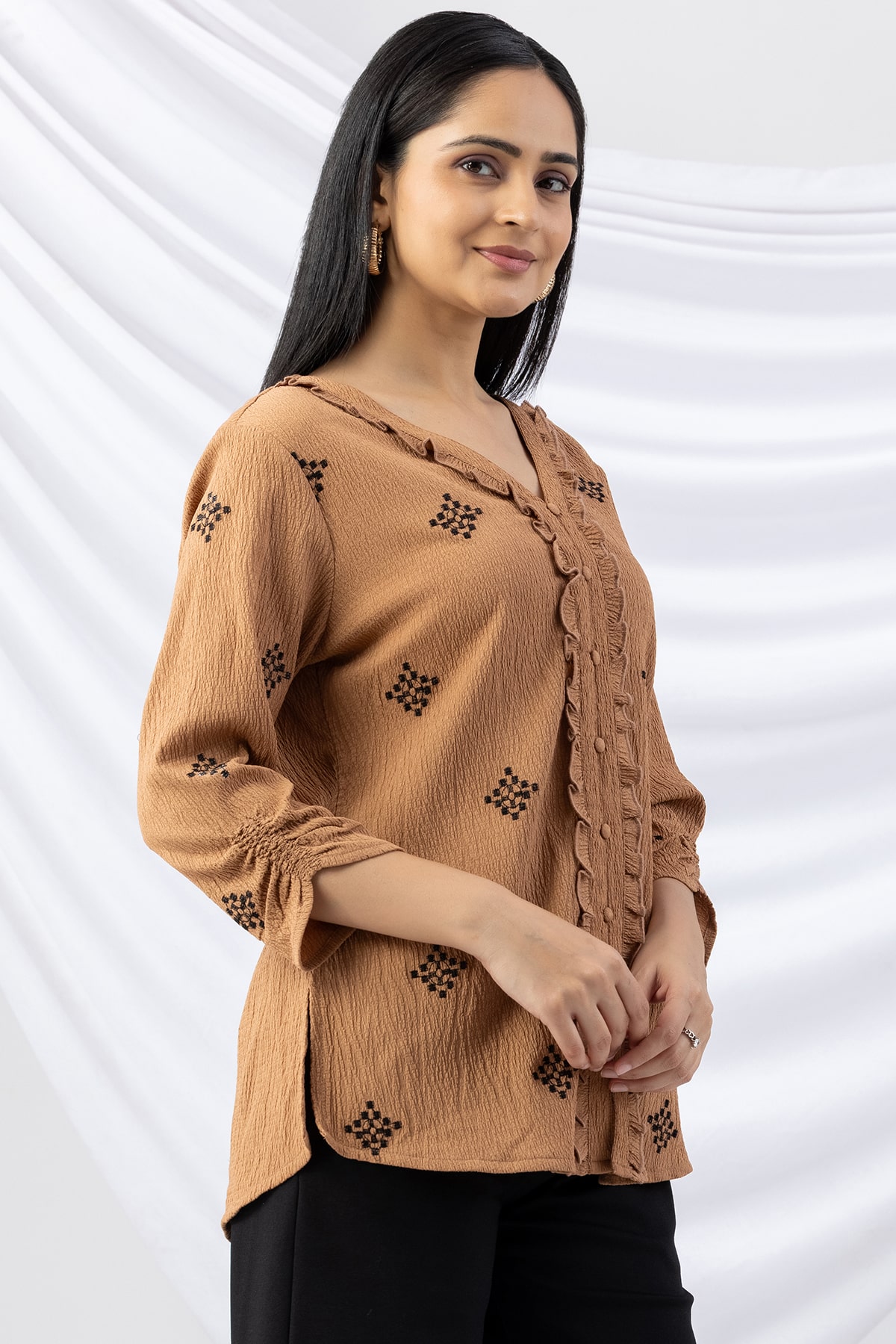 woman v neck top aztec gold embroidered crepe with 3/4 sleeves