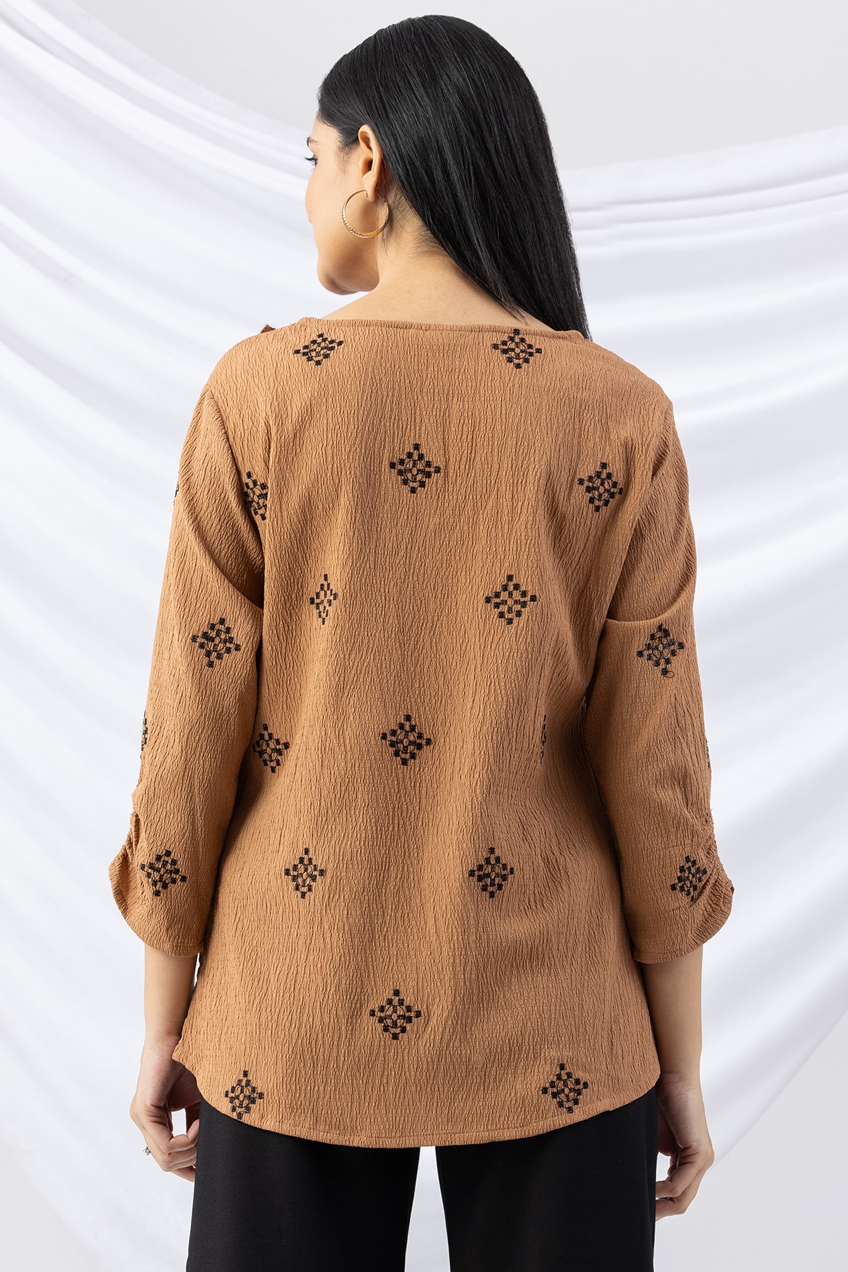 woman v neck top aztec gold embroidered crepe with 3/4 sleeves