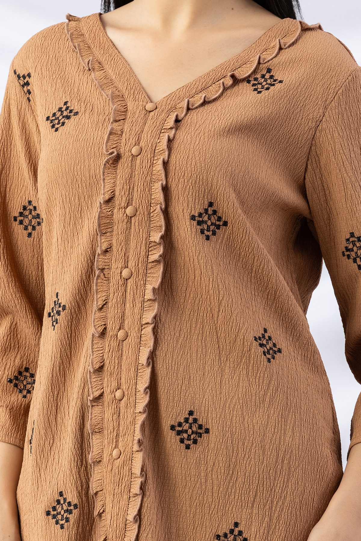 woman v neck top aztec gold embroidered crepe with 3/4 sleeves