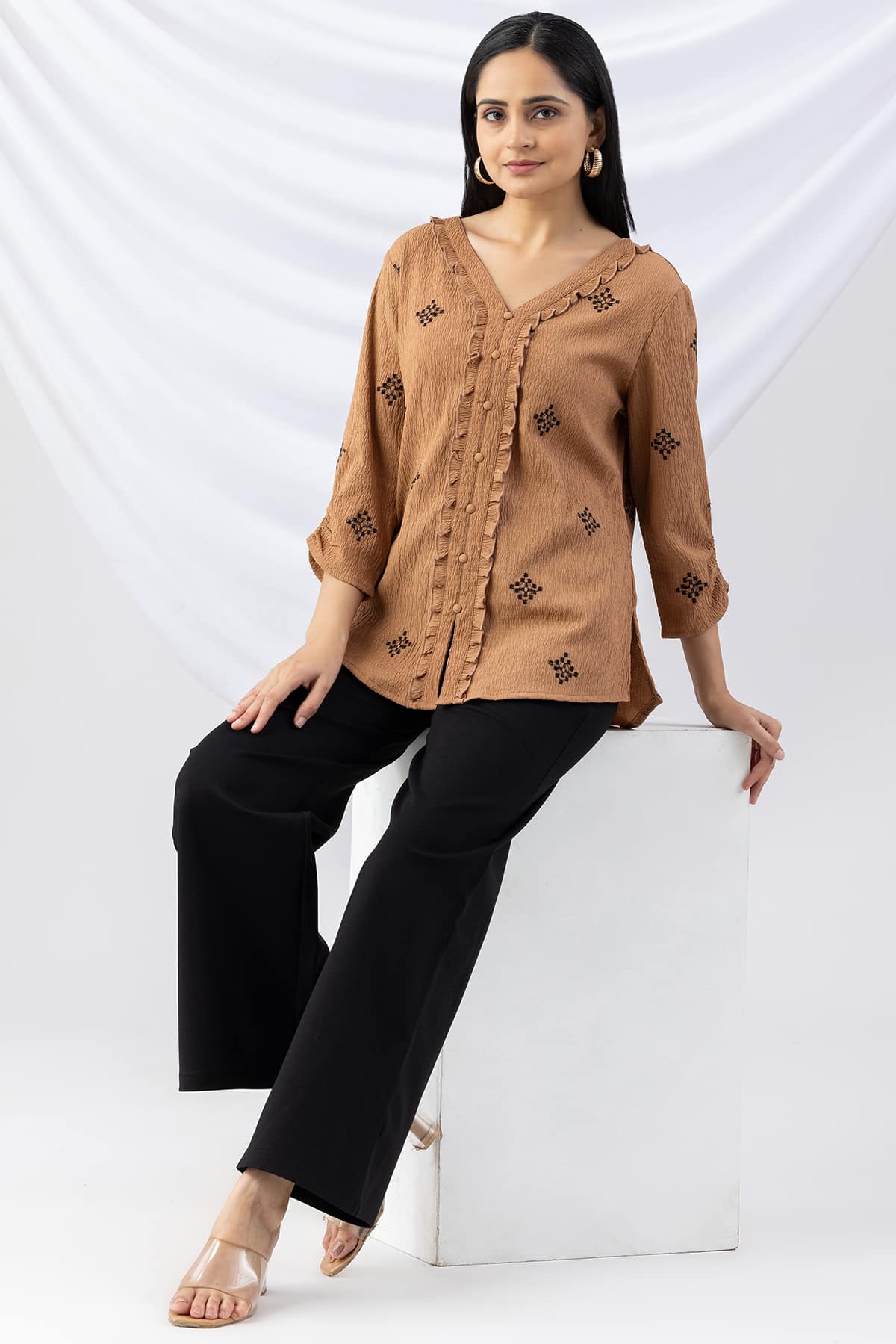 woman v neck top aztec gold embroidered crepe with 3/4 sleeves
