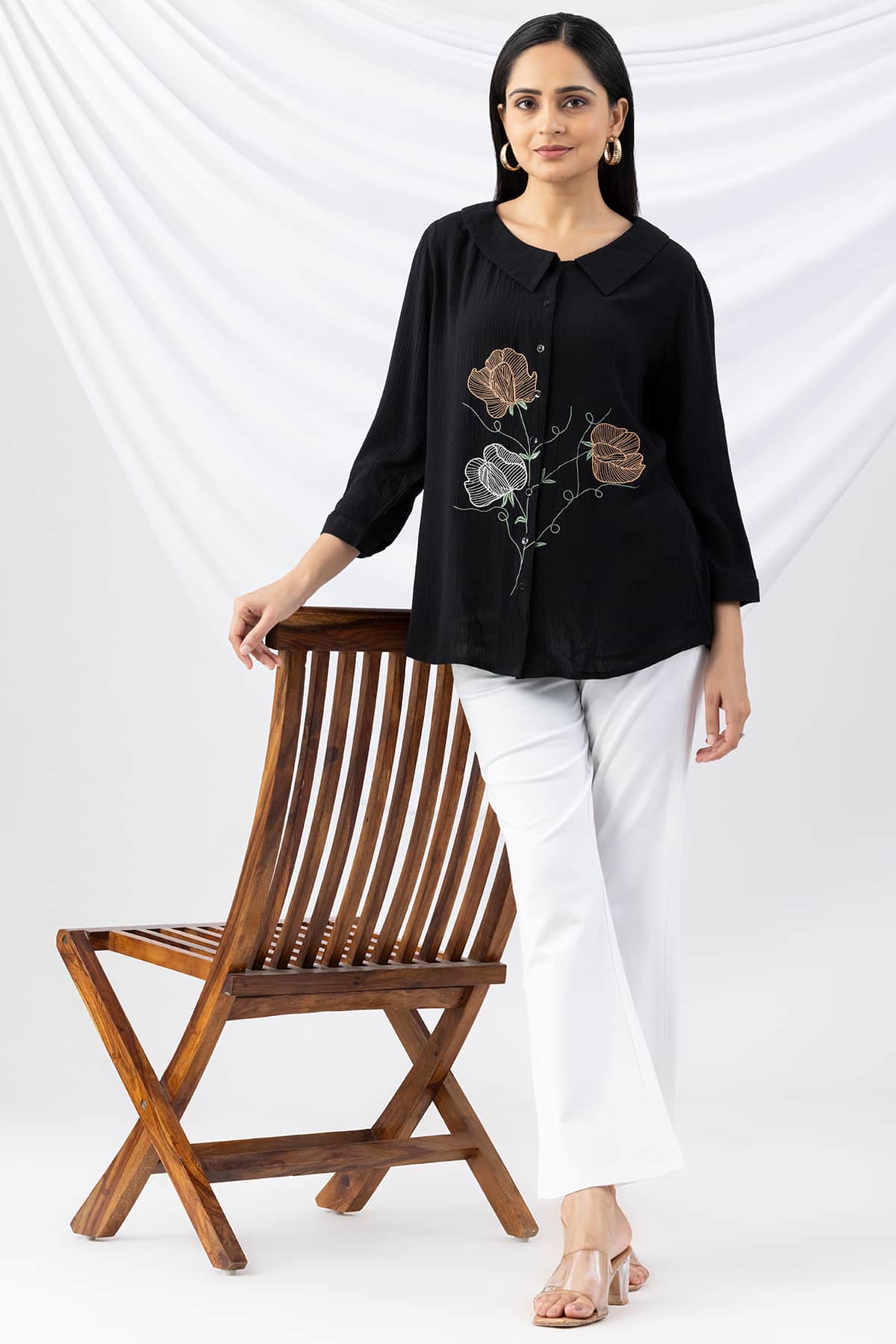 black shirt for ladies embroidered viscose crepe collared with 3/4 sleeves