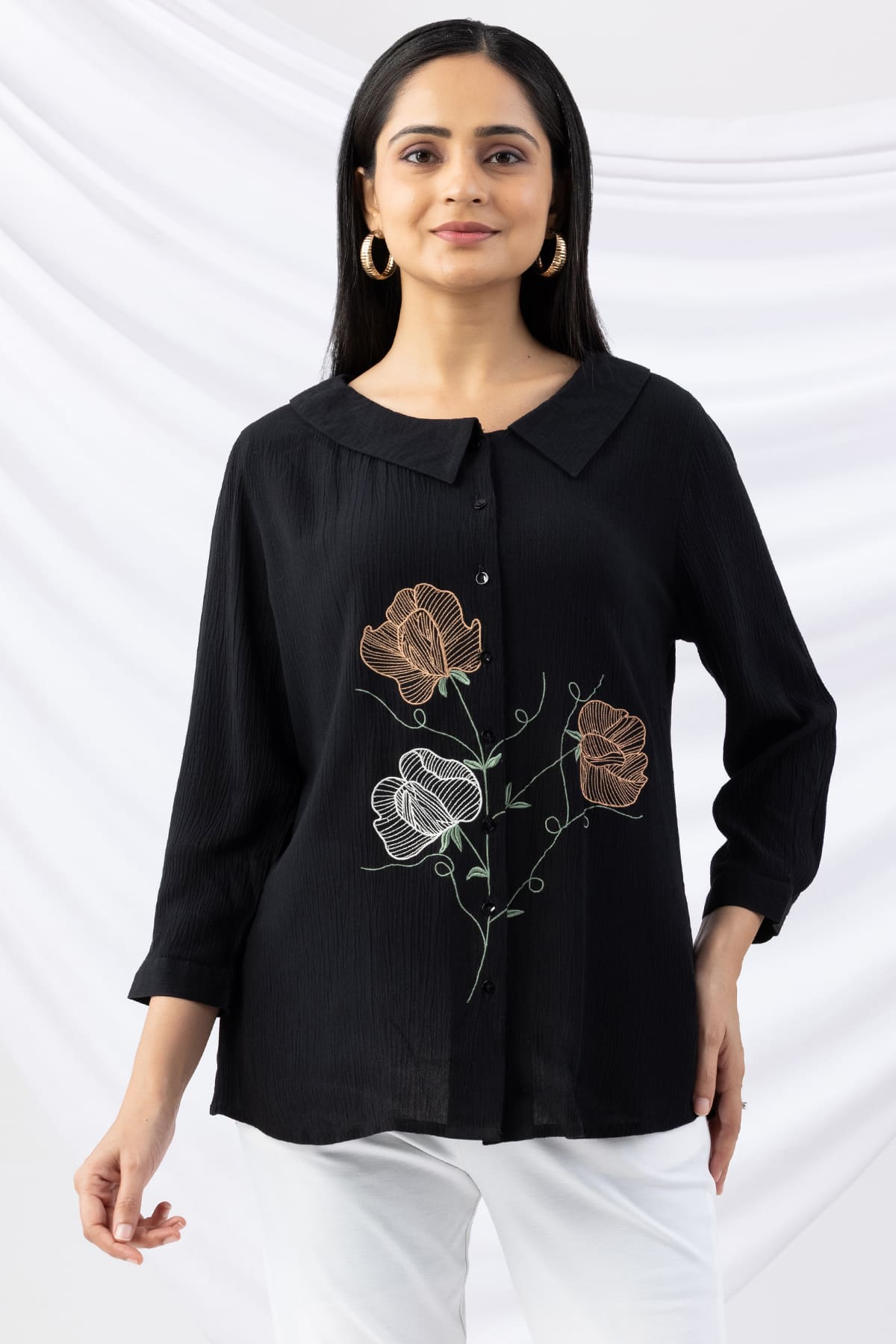 black shirt for ladies embroidered viscose crepe collared with 3/4 sleeves