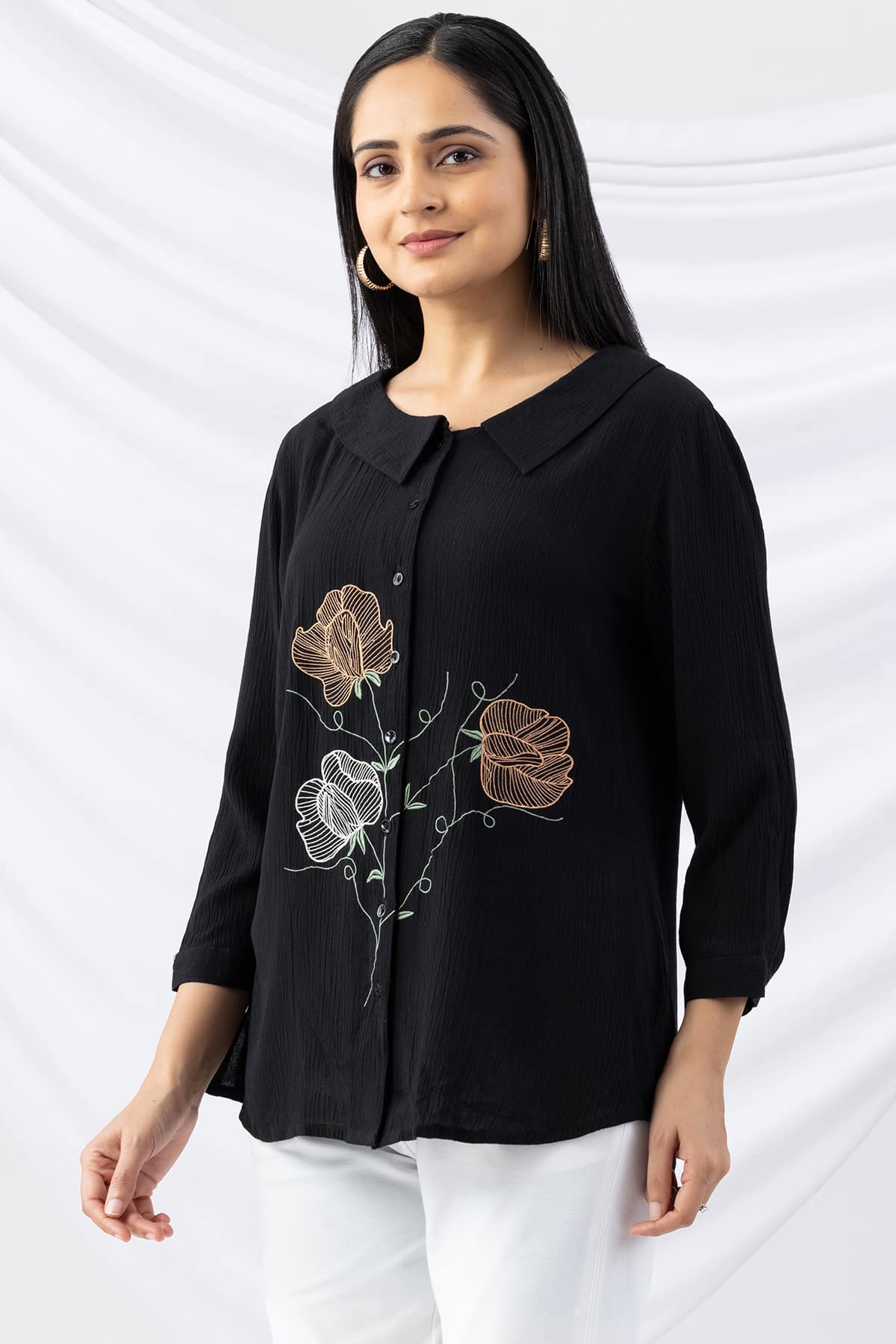 black shirt for ladies embroidered viscose crepe collared with 3/4 sleeves