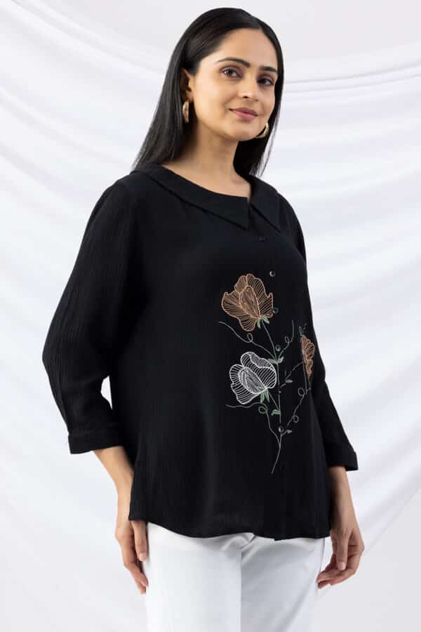 black shirt for ladies embroidered viscose crepe collared with 3/4 sleeves