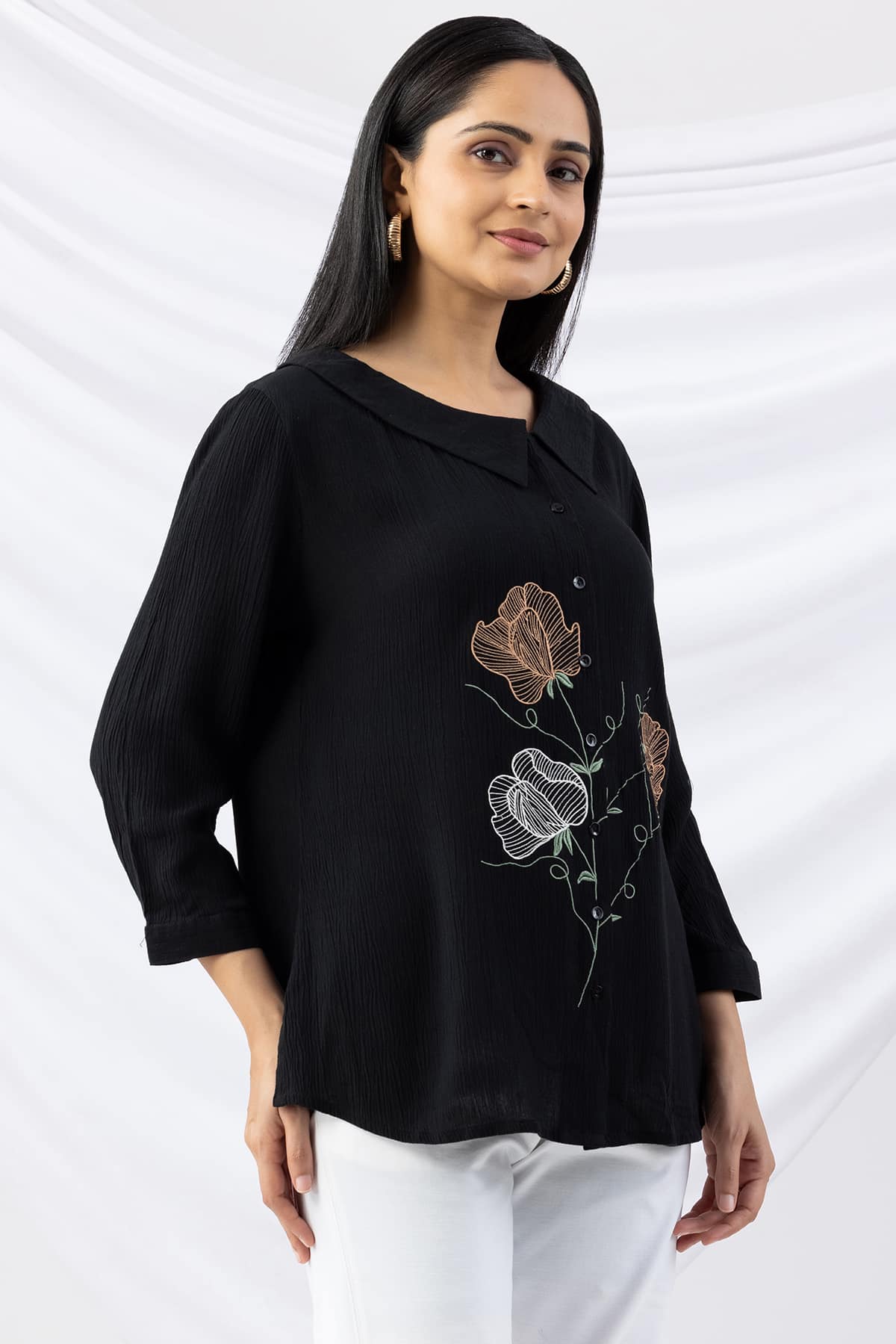 black shirt for ladies embroidered viscose crepe collared with 3/4 sleeves
