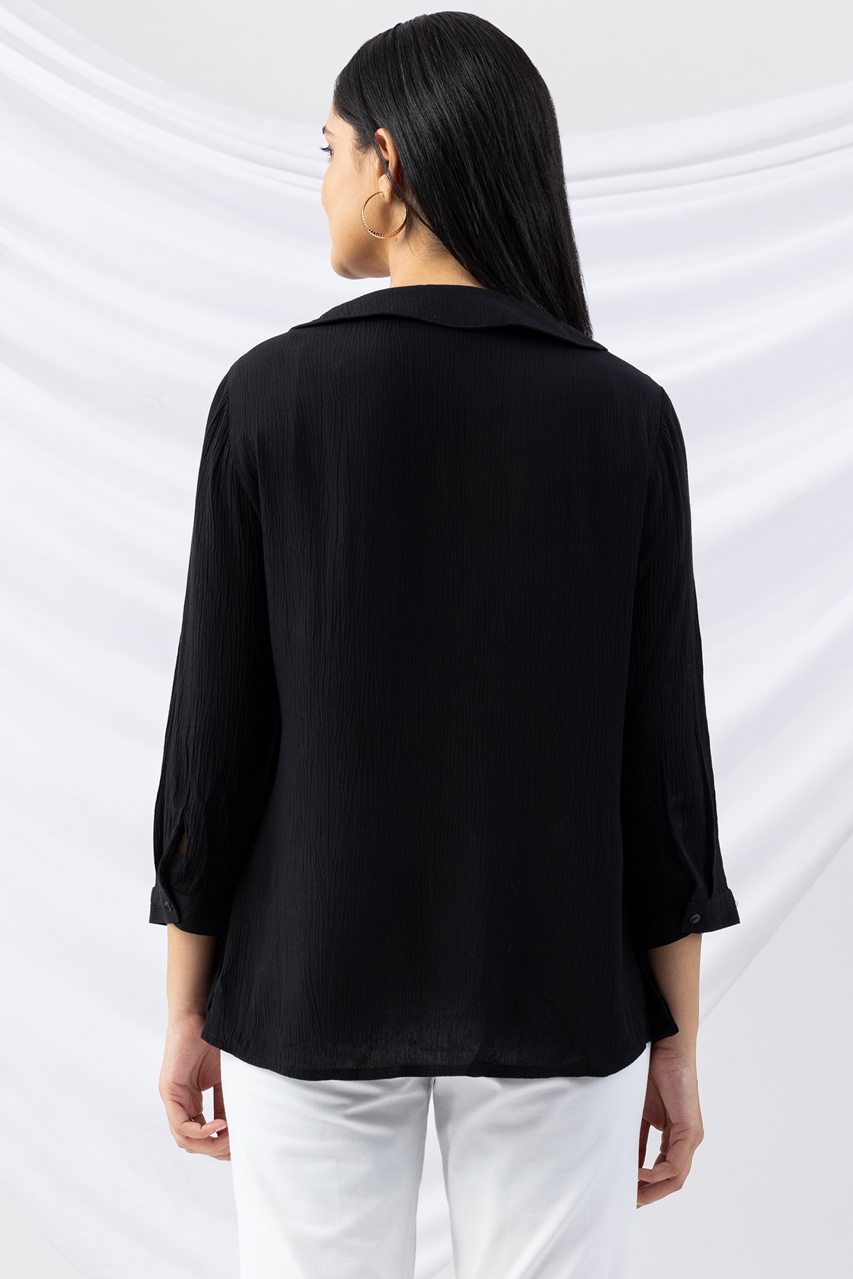 black shirt for ladies embroidered viscose crepe collared with 3/4 sleeves