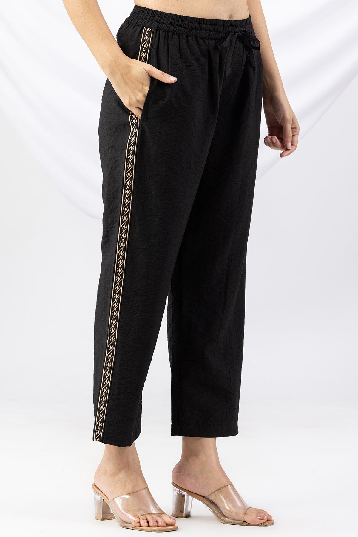 black palazzo pants for women embroidered viscose crush regular fit