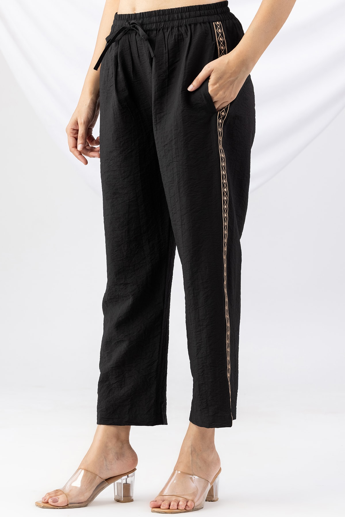 black palazzo pants for women embroidered viscose crush regular fit