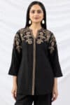 black shirt for ladies embroidered viscose crush mandarin collar bell sleeves