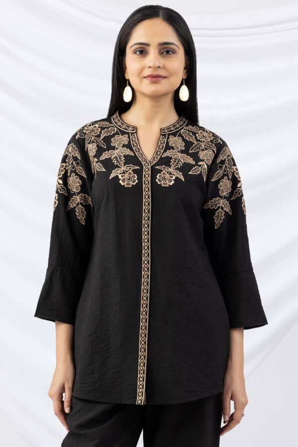 black shirt for ladies embroidered viscose crush mandarin collar bell sleeves