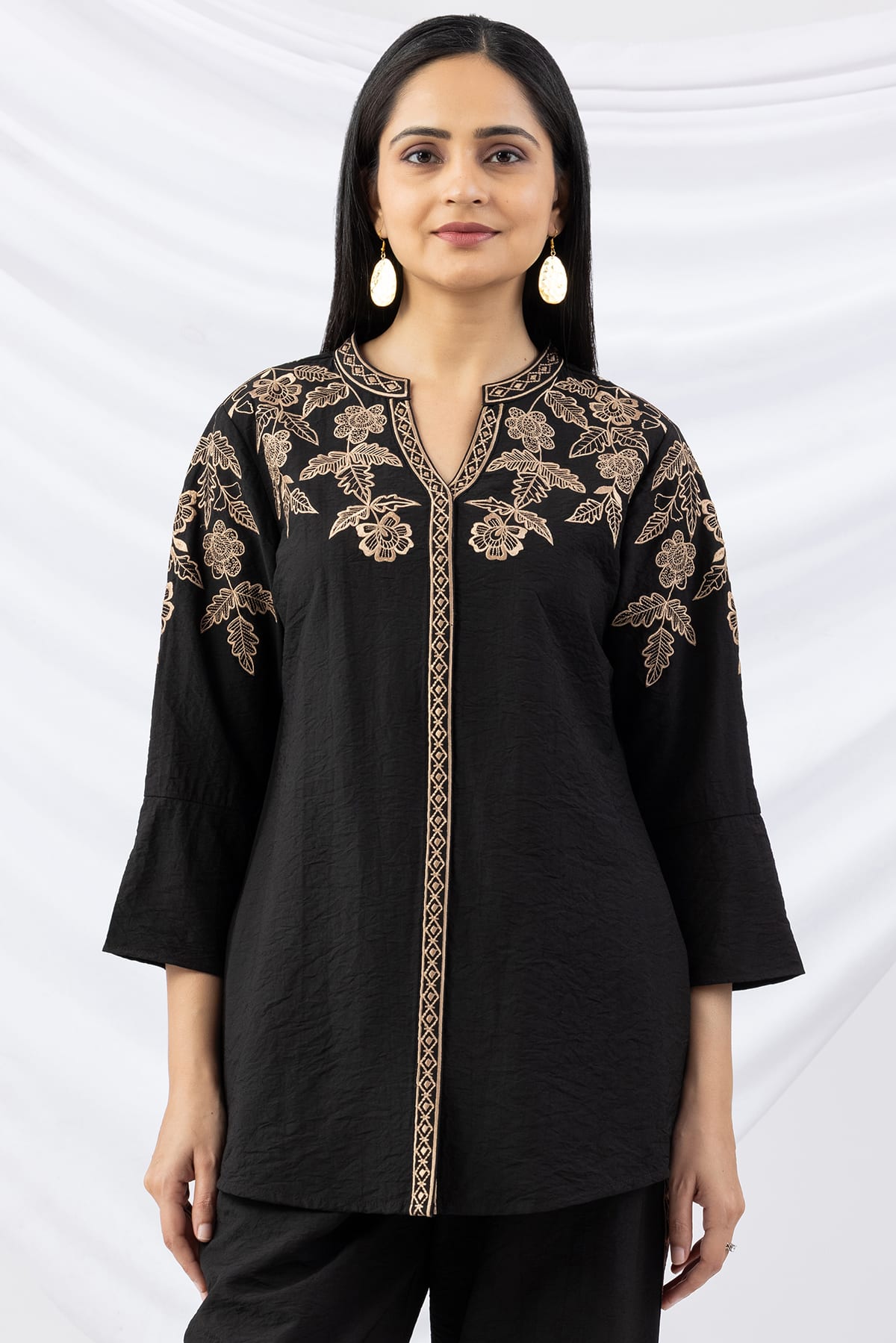 black shirt for ladies embroidered viscose crush mandarin collar bell sleeves