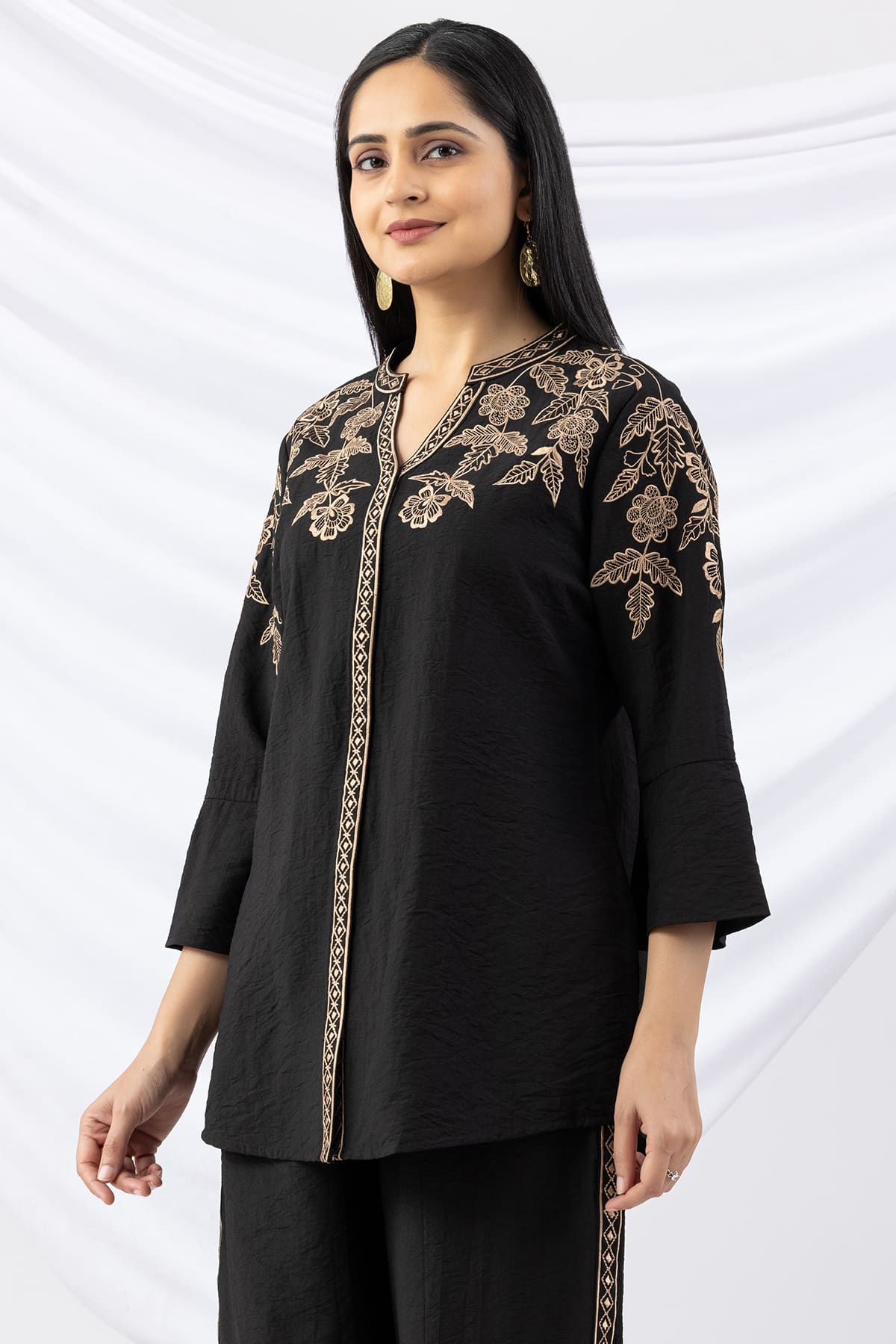 black shirt for ladies embroidered viscose crush mandarin collar bell sleeves