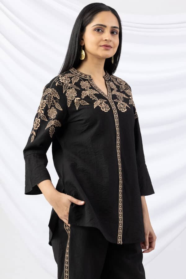 black shirt for ladies embroidered viscose crush mandarin collar bell sleeves