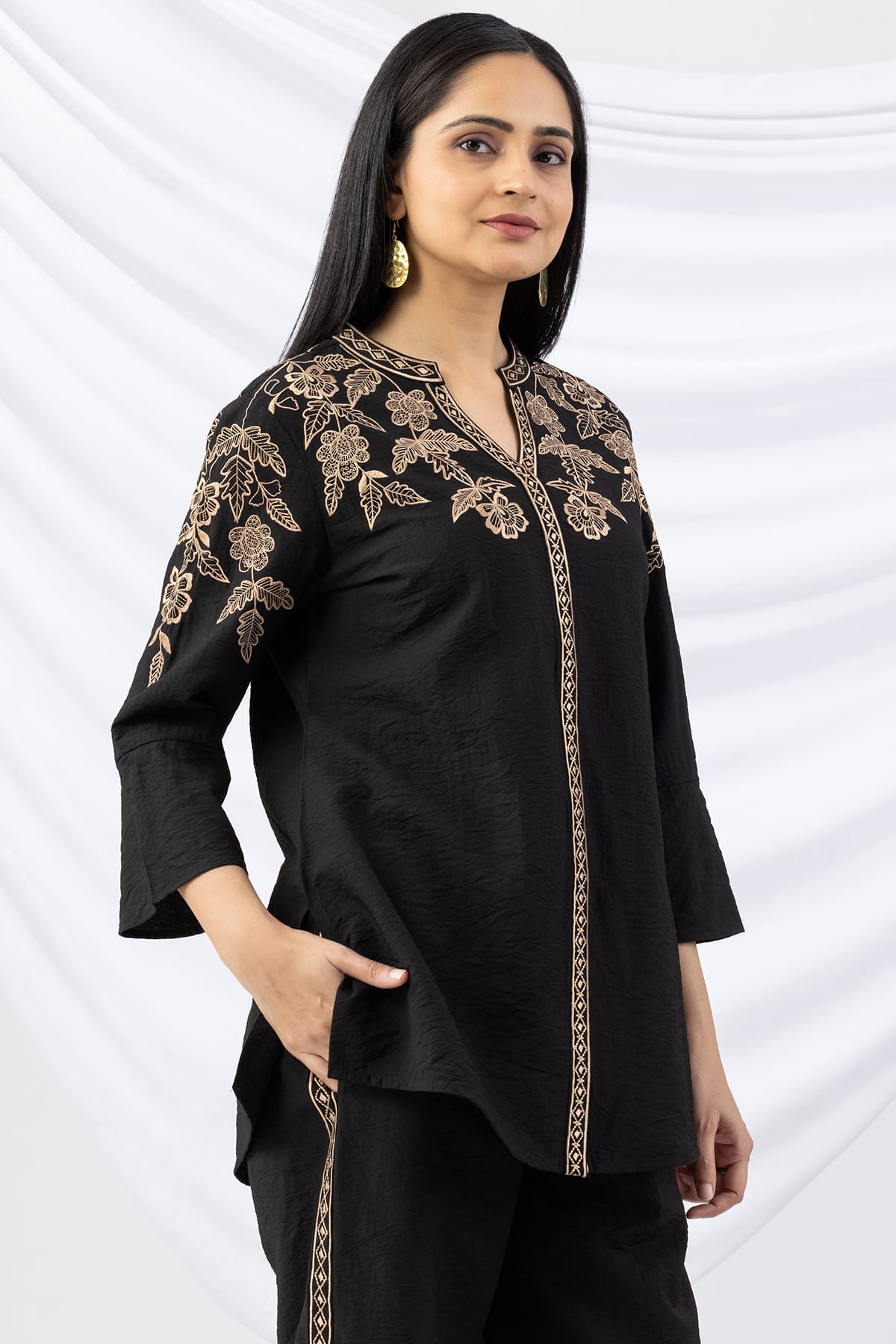 black shirt for ladies embroidered viscose crush mandarin collar bell sleeves
