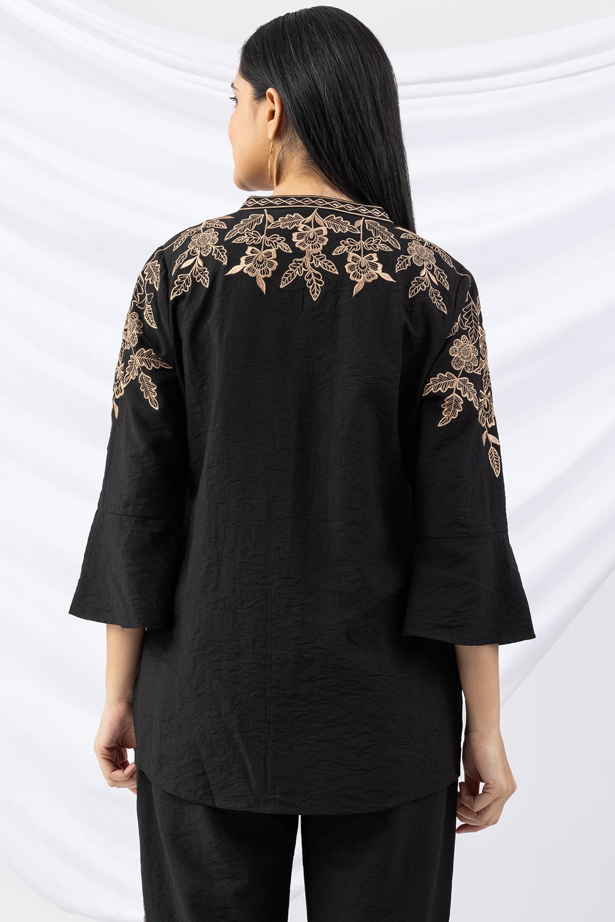 black shirt for ladies embroidered viscose crush mandarin collar bell sleeves