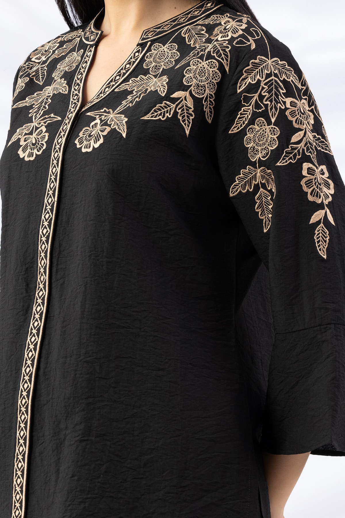 black shirt for ladies embroidered viscose crush mandarin collar bell sleeves