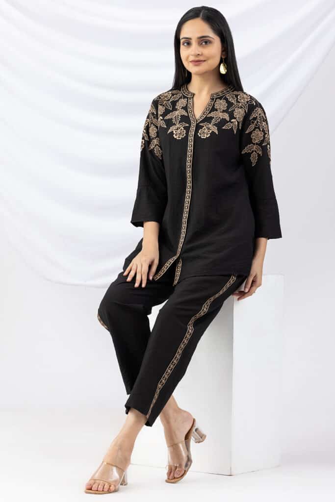 Embroidered Co Ord Black Shirt For Ladies