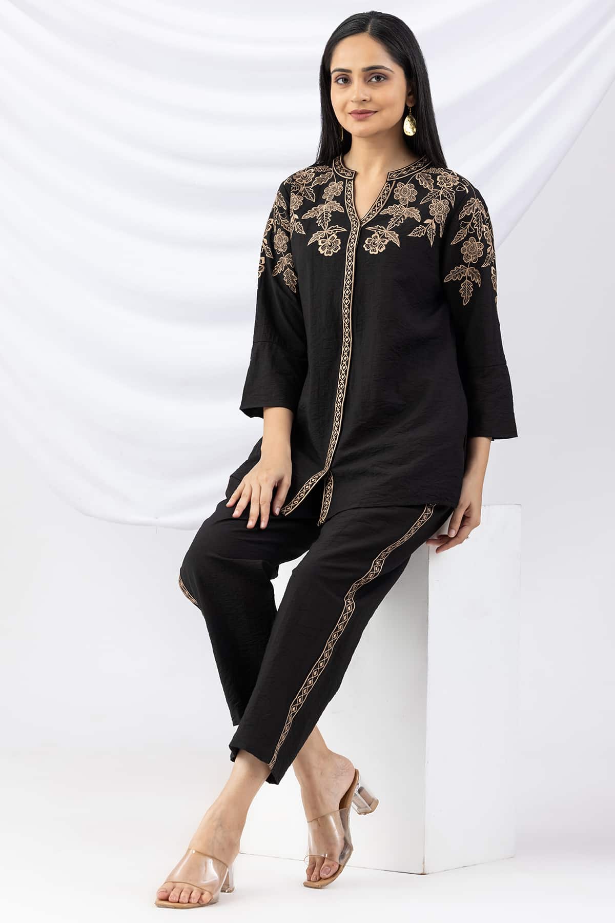 black shirt for ladies embroidered viscose crush mandarin collar bell sleeves