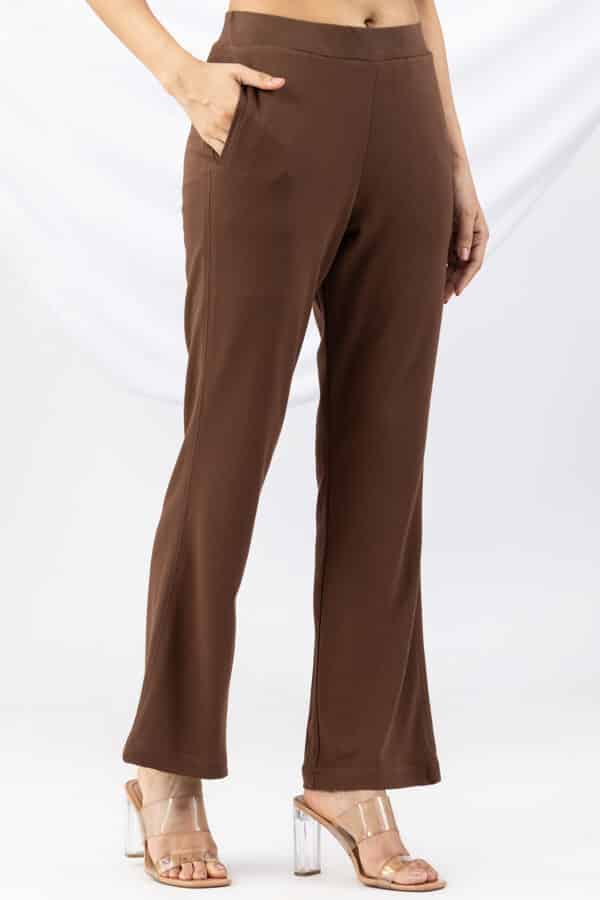 brown pant for women solid slim fit tencel roma spandex