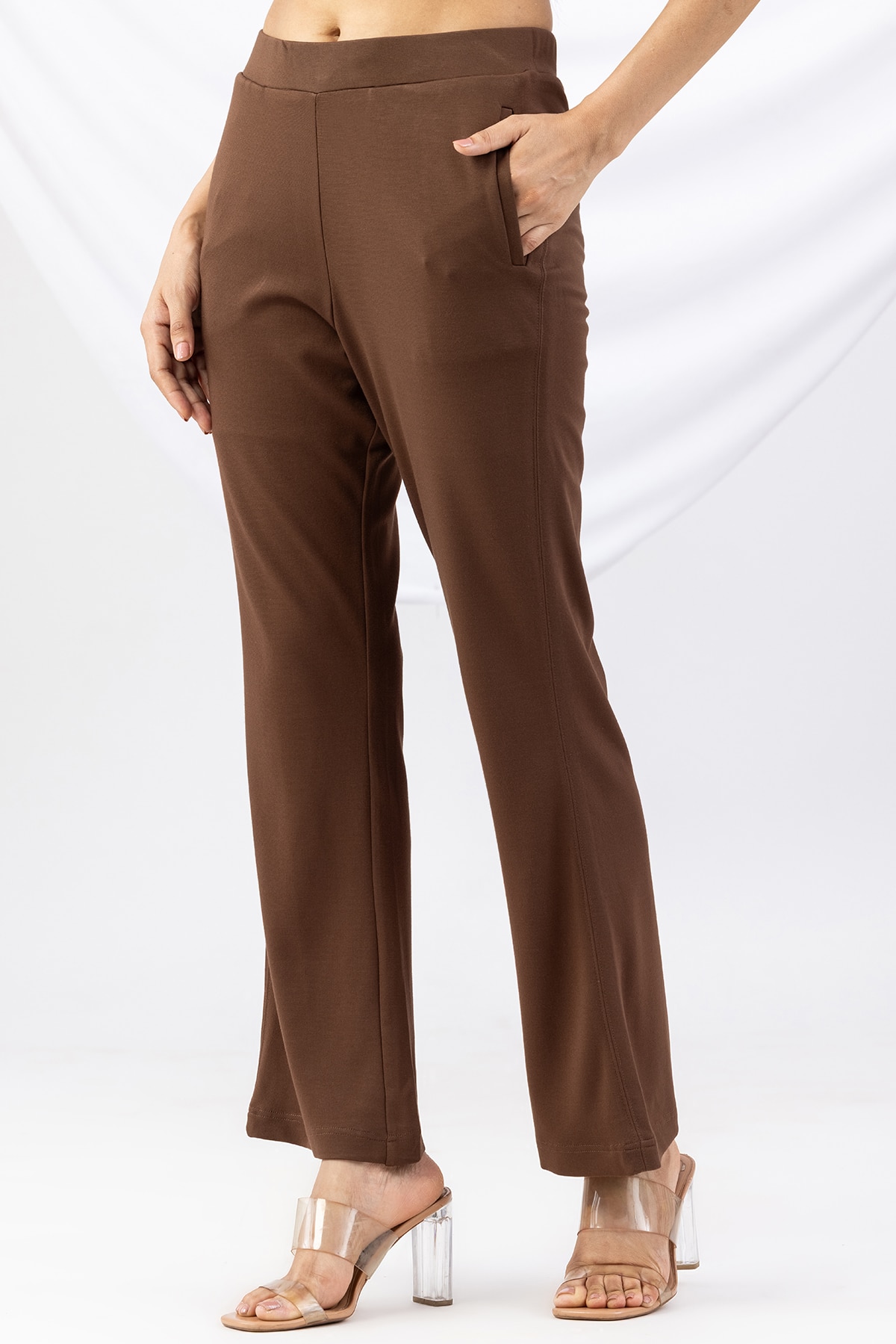 brown pant for women solid slim fit tencel roma spandex