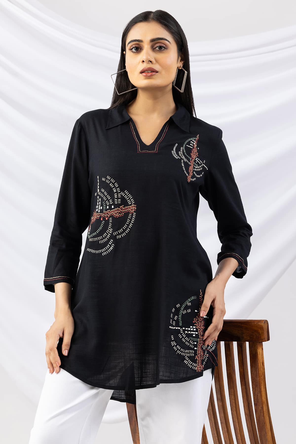 embroidered tunic black collared viscose slub top with 3/4 sleeves