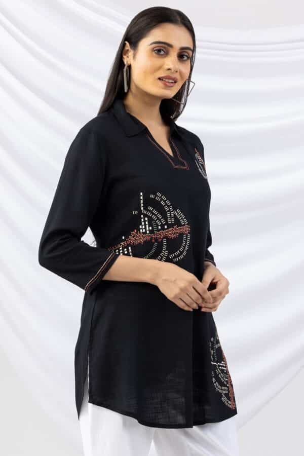 embroidered tunic black collared viscose slub top with 3/4 sleeves