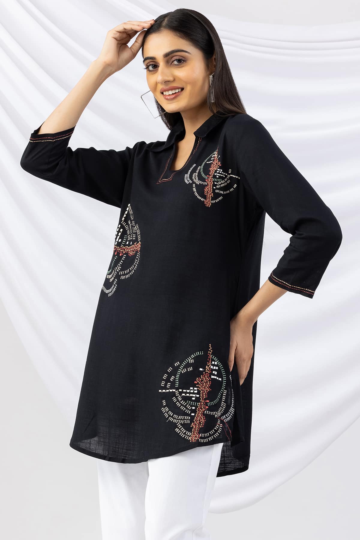 embroidered tunic black collared viscose slub top with 3/4 sleeves