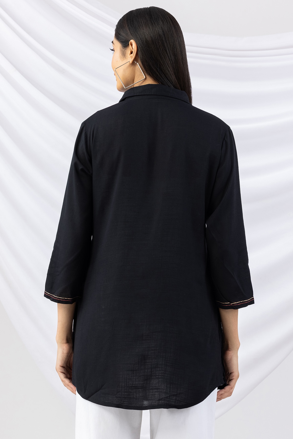 embroidered tunic black collared viscose slub top with 3/4 sleeves