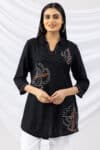 embroidered tunic black collared viscose slub top with 3/4 sleeves
