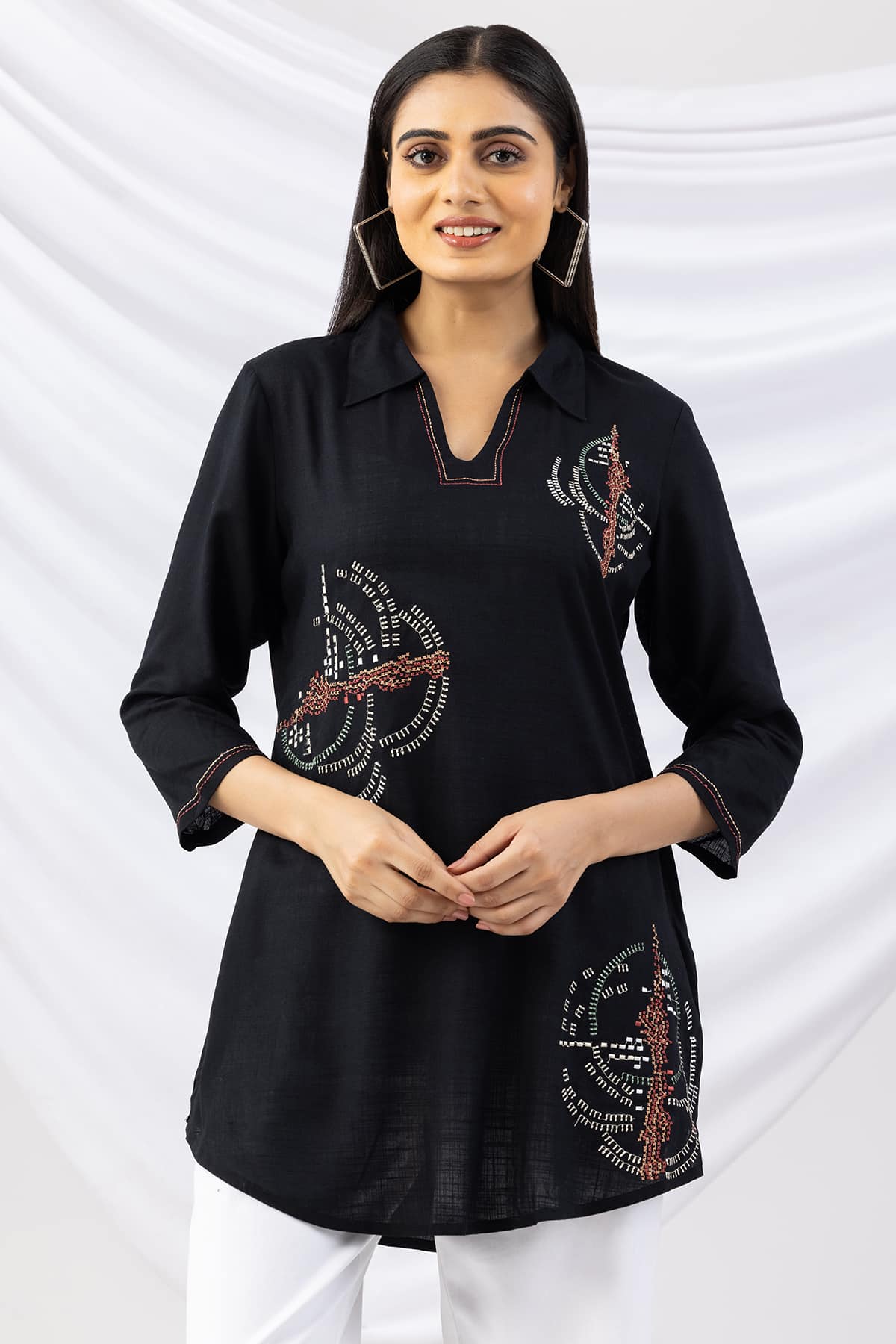 embroidered tunic black collared viscose slub top with 3/4 sleeves