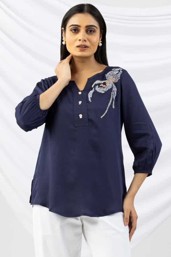 Navy blue embroidered modal satin top for ladies with round neck and 3/4 sleeves