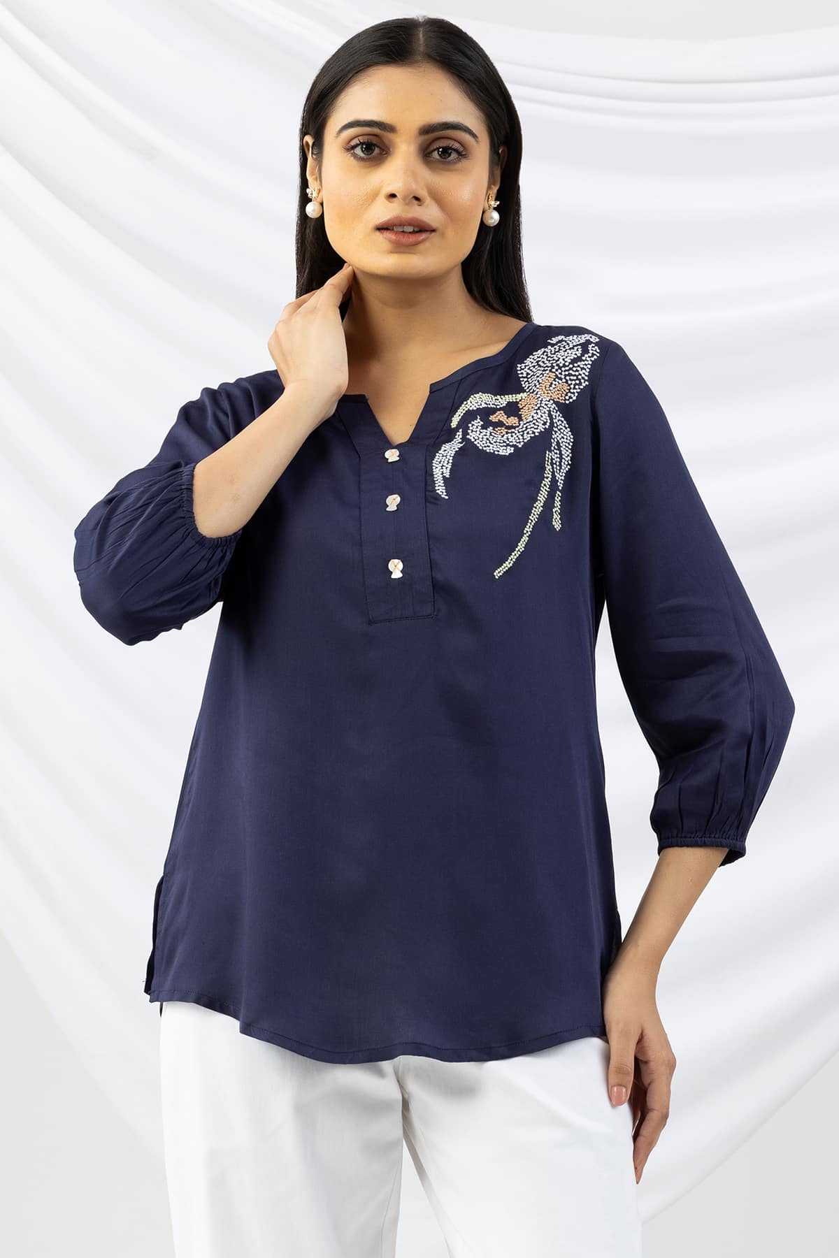 Navy blue embroidered modal satin top for ladies with round neck and 3/4 sleeves