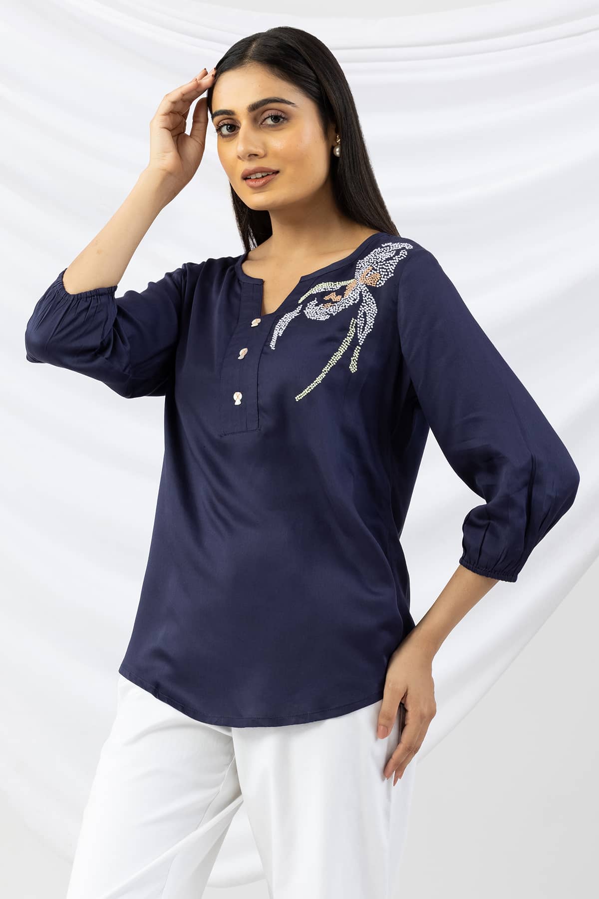 Navy blue embroidered modal satin top for ladies with round neck and 3/4 sleeves