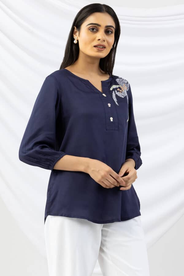 Navy blue embroidered modal satin top for ladies with round neck and 3/4 sleeves