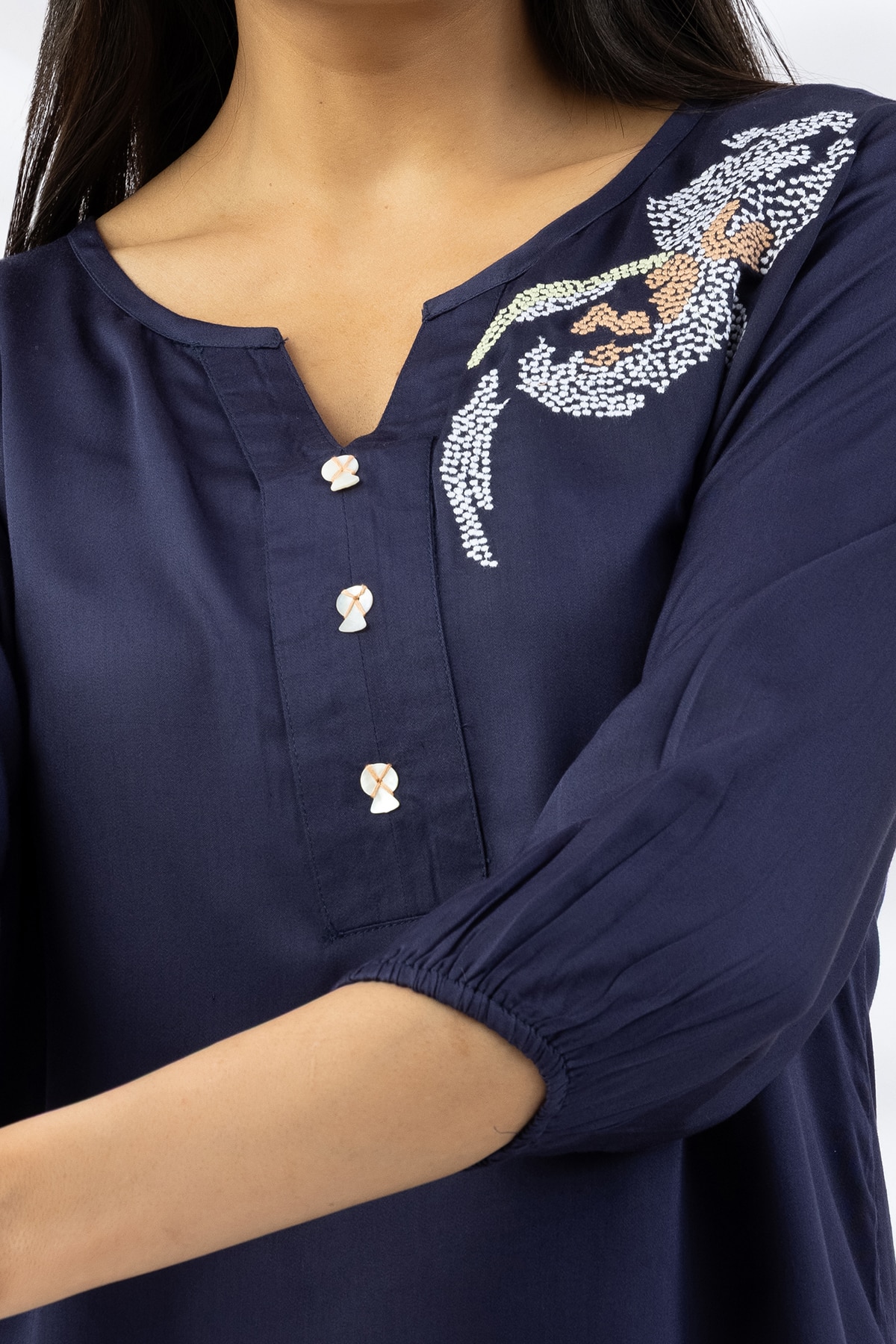 Navy blue embroidered modal satin top for ladies with round neck and 3/4 sleeves