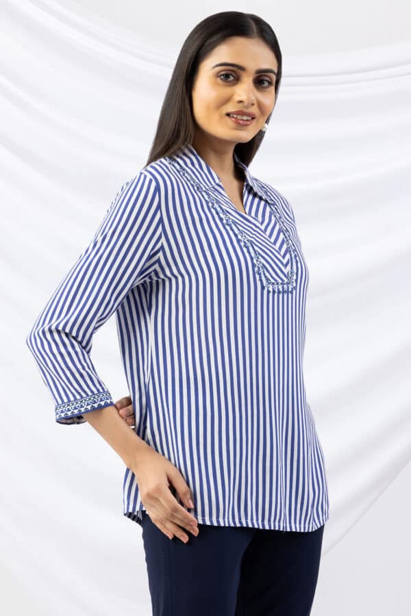 Blue top women striped design with collar and 3/4 sleeves