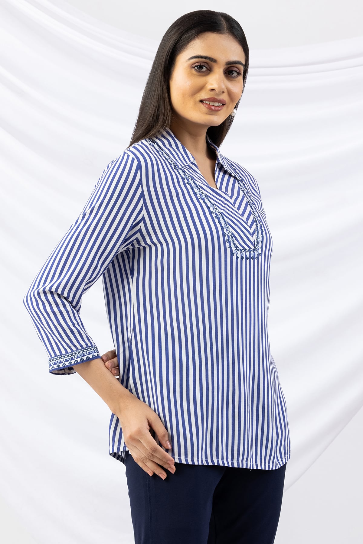 Blue top women striped design with collar and 3/4 sleeves