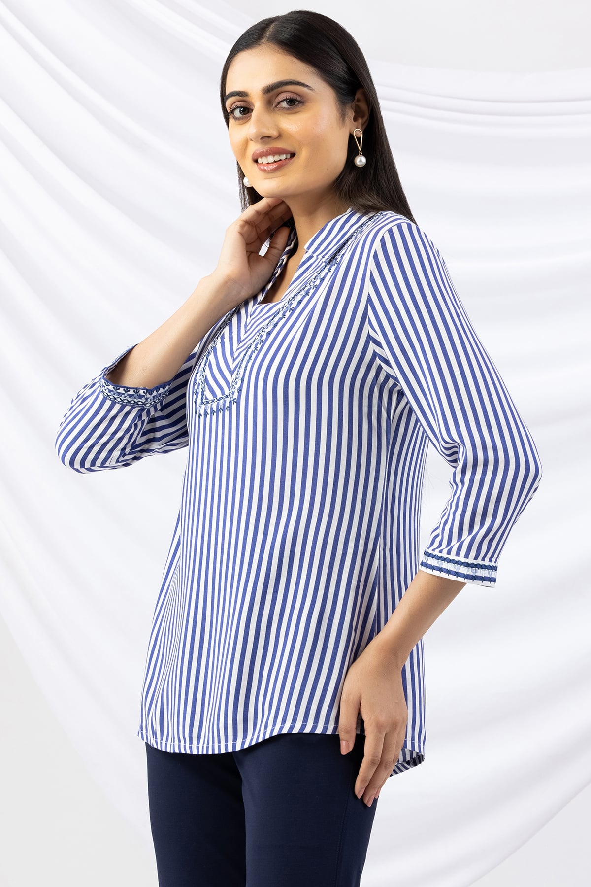 Blue top women striped design with collar and 3/4 sleeves