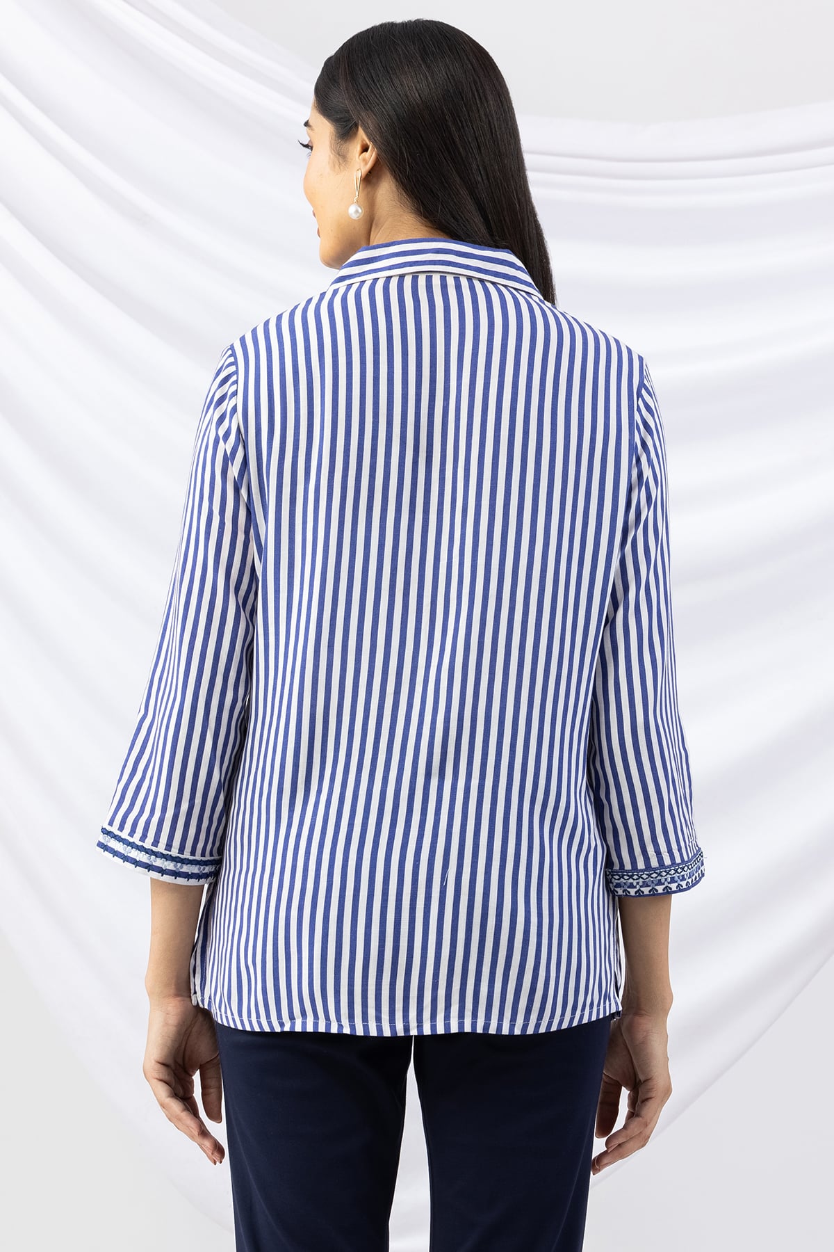 Blue top women striped design with collar and 3/4 sleeves