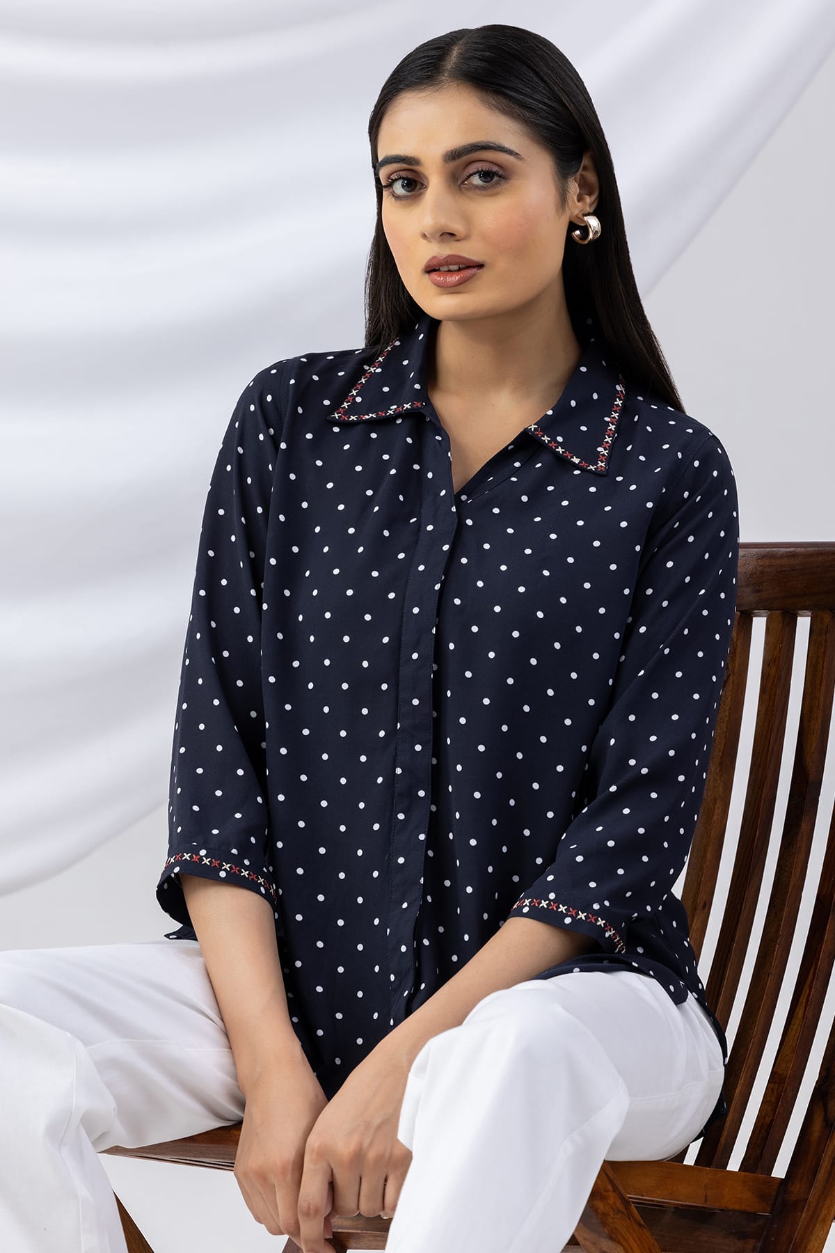 embroidered shirt ladies navy collared regular fit shirt with 3/4 sleeves